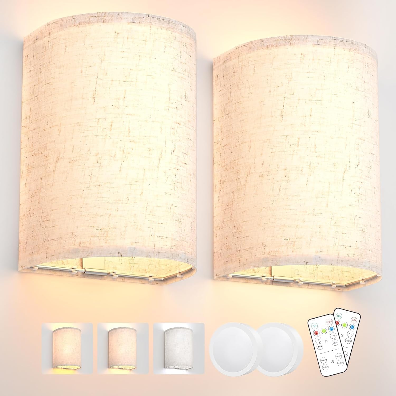 Battery Operated Wall Lights,2 Pack Wall Light Decor with Remote Control,3 Colors Dimmable Fabric Shade Wall Lamps,Wireless Sconce Wall Lights for Farmhouse Sconces Wall Lighting 2700K-6000K