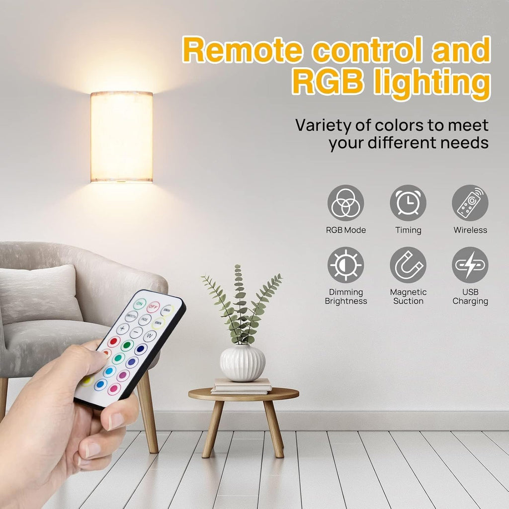 Wall Lights Set of 2, Battery Operated Fabric Sconce with Remote, LED Lamps in RGB+Warm White, Dimmable Timer for Bedroom and Living Room Lighting