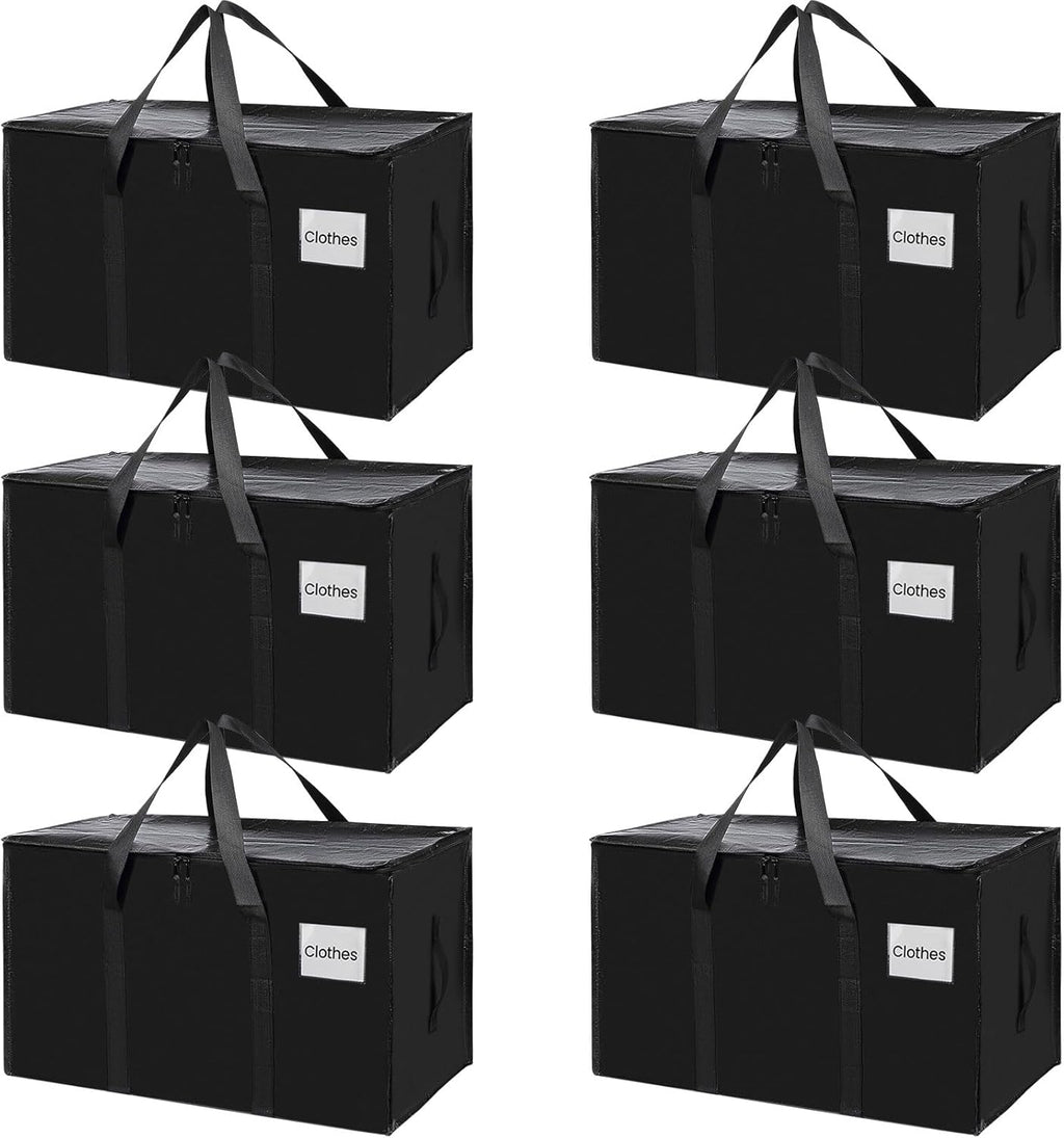CARLA HOME 6-Pack Large Moving Storage Bags with Zippers & Handles with 95 Liters Capacity for Space Saving, Travel, Camping & Organization (Black)