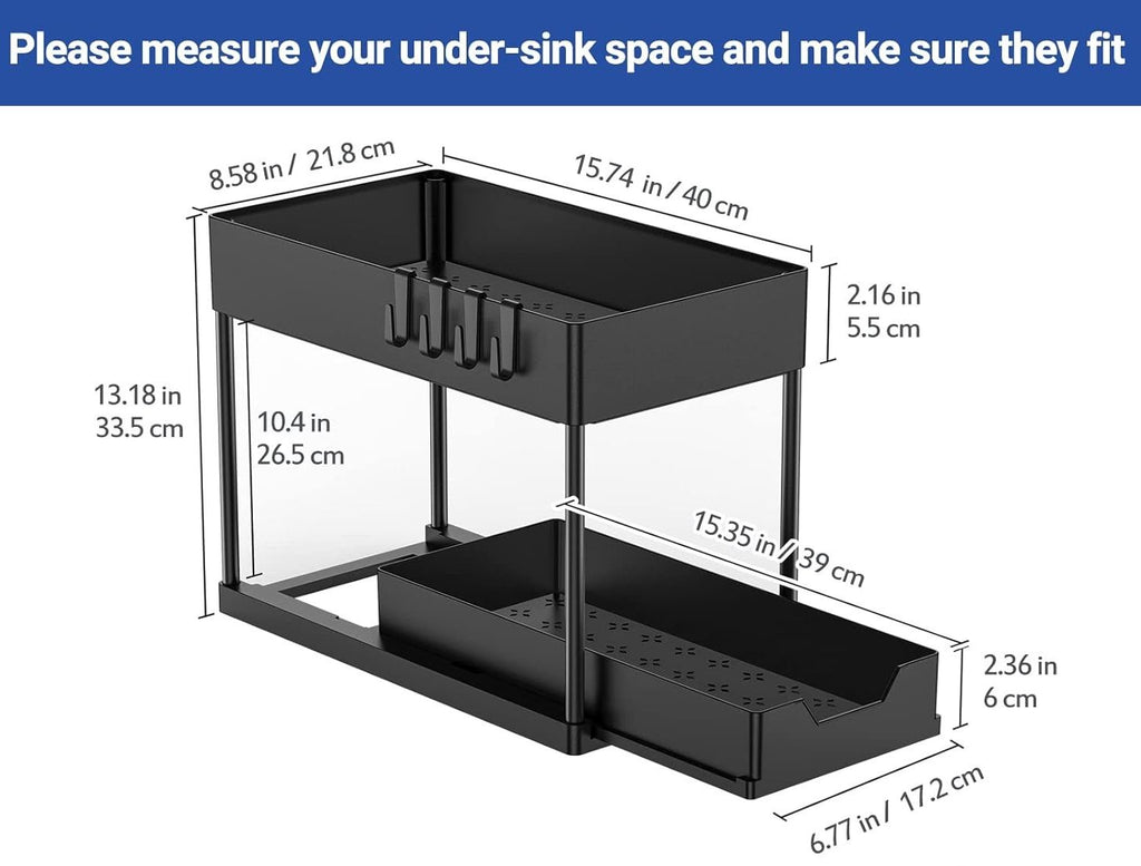CARLA HOME 2 Pack Under Sink Organizer with Pull-Out Basket and Hooks for Bathroom & Kitchen