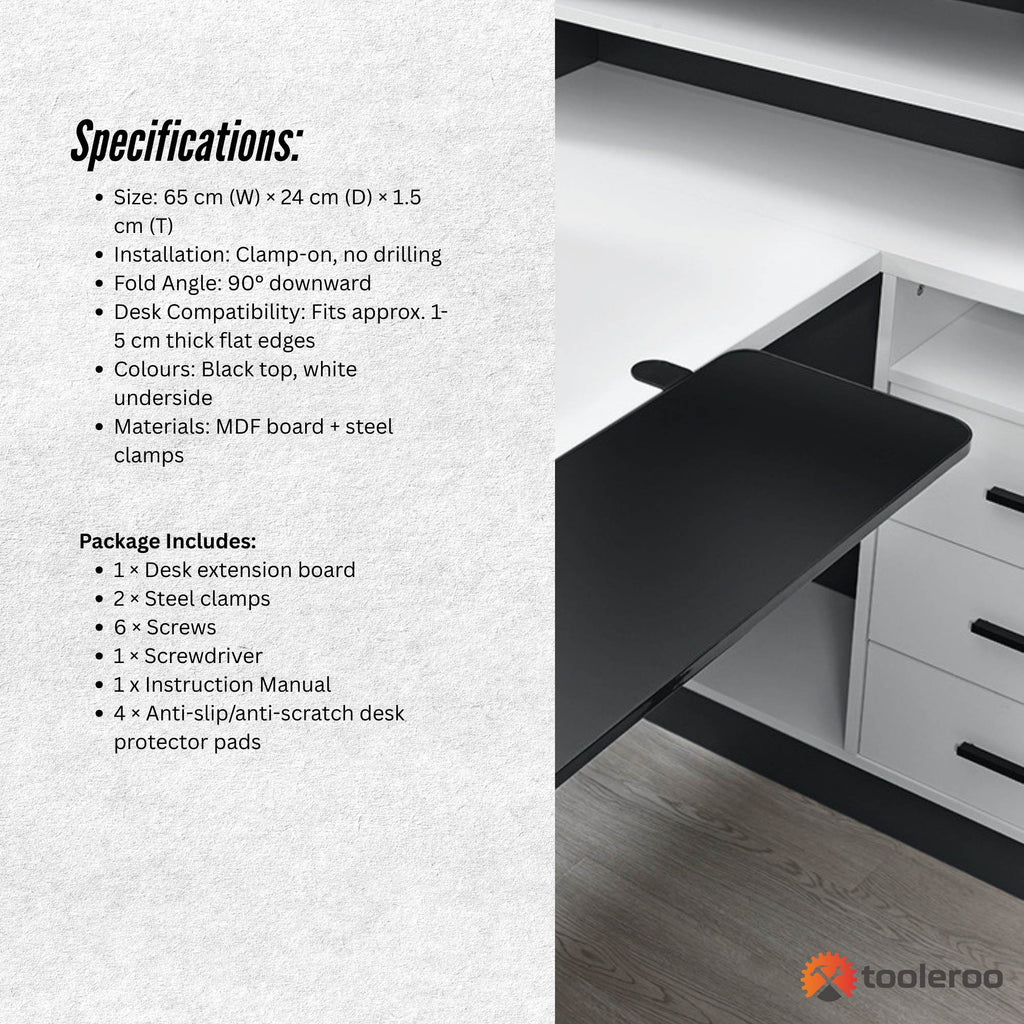 Tooleroo Folding Tray Desk Extender - Clamp-On Table Extension Shelf Black