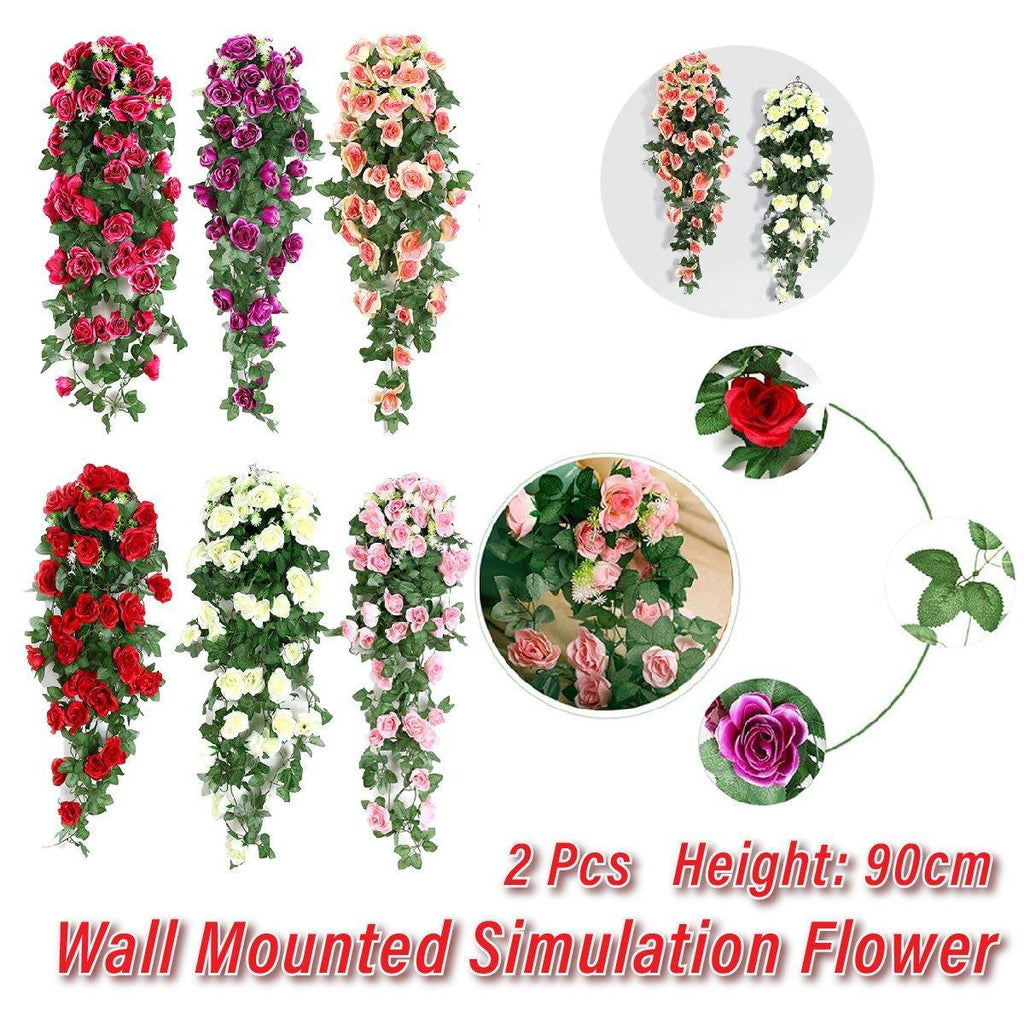 2PCS Artificial Rose Flower Garland Hanging Vine Home Wall Decor Fake Rattan - White