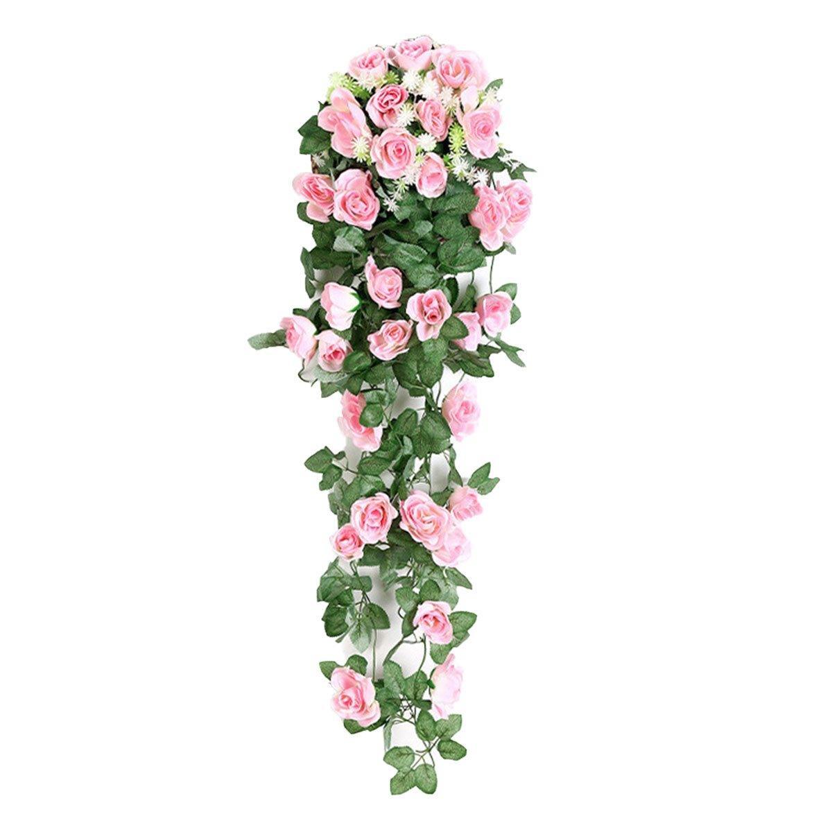 2PCS Artificial Rose Flower Garland Hanging Vine Home Wall Decor Fake Rattan - White