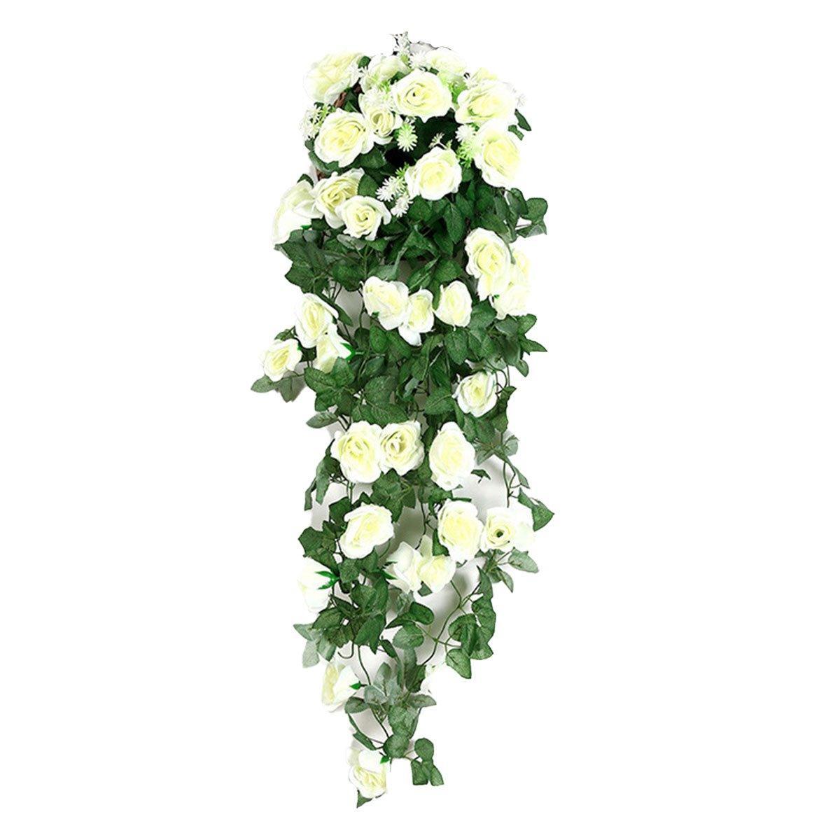 2PCS Artificial Rose Flower Garland Hanging Vine Home Wall Decor Fake Rattan - White