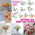5pcs Artificial Peony Silk Flowers Bouquet Decor Faux Floral Arrangements - Purple Red