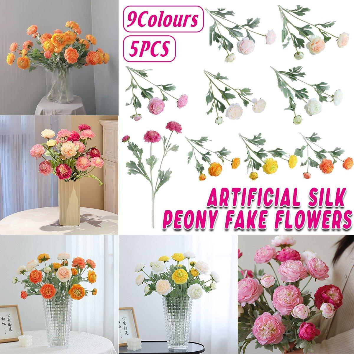 5pcs Artificial Peony Silk Flowers Bouquet Decor Faux Floral Arrangements - Purple Red