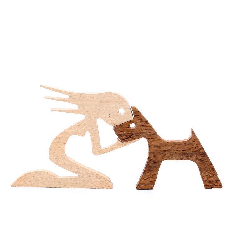 Handmade Wooden Statue Sitting Family and Dog Craft Home Decor - B04