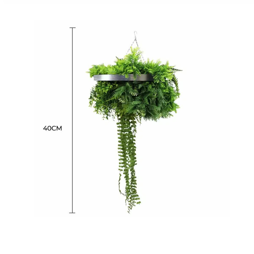 Silver Framed Roof Hanging Disc With Draping Life-Like Plants UV Resistant 40cm