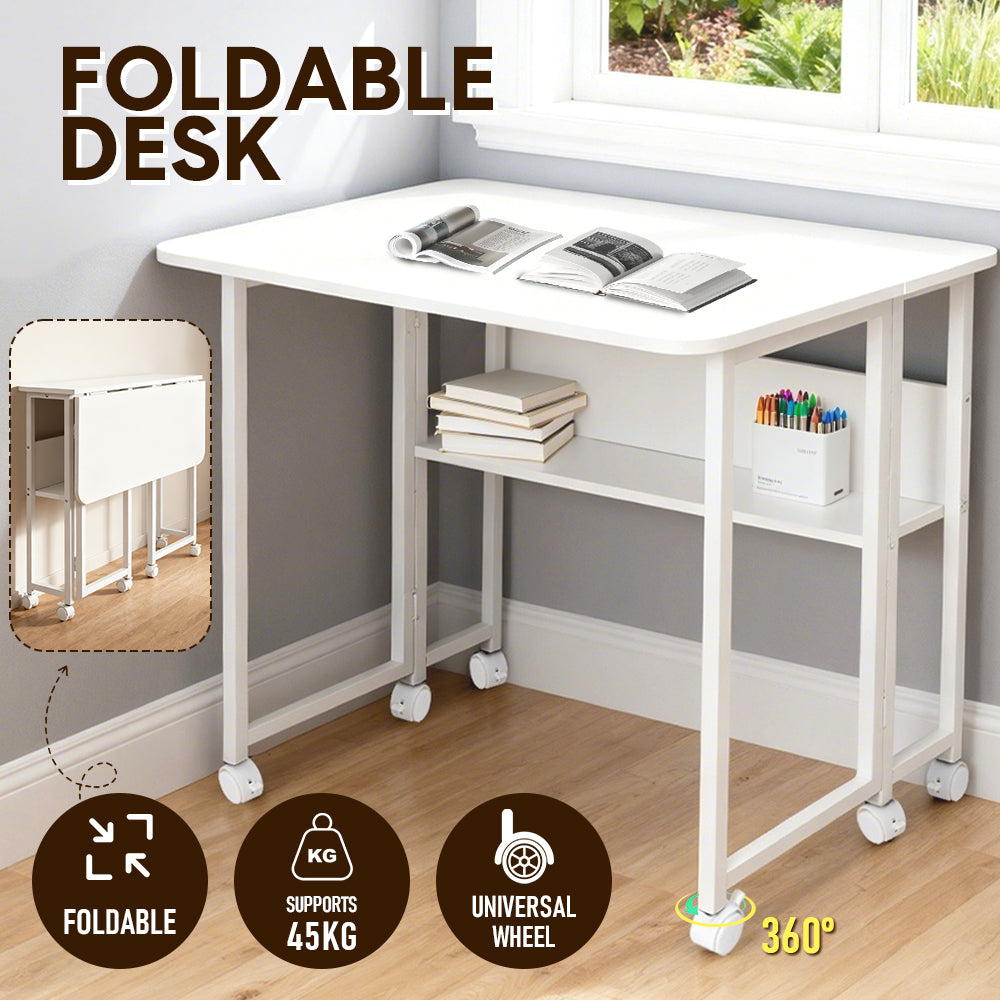Compat Foldable Desk Rolling Study Desk Small Computer Desk with Wheels and Storage Shelf for Small Spaces Study Home Office Dorm Easy Assembly White