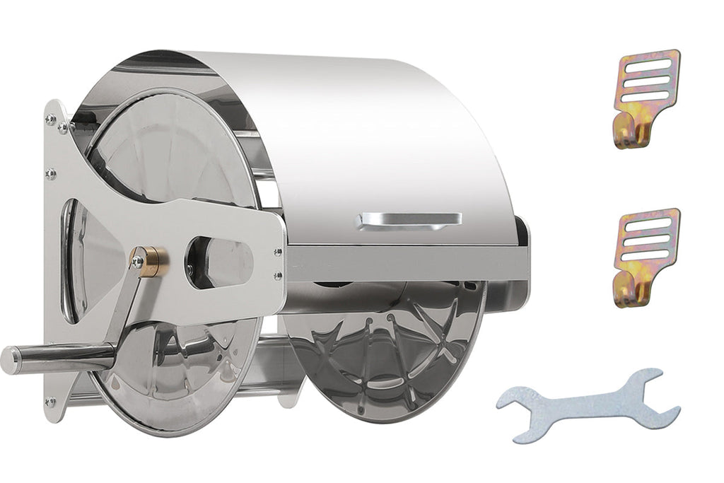 Large Stainless Steel Garden Hose Reel Cart Portable Pipe Holder With Rainproof Sunscreen Protection Lid and Crank Handle